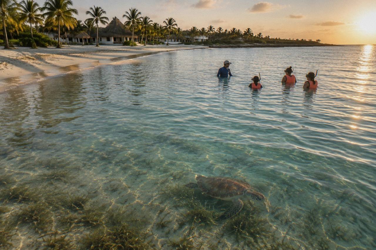 Private turtle tour: one guide and a small family in life vests on calm shallow bay water above seagrass, a turtle grazing nearby